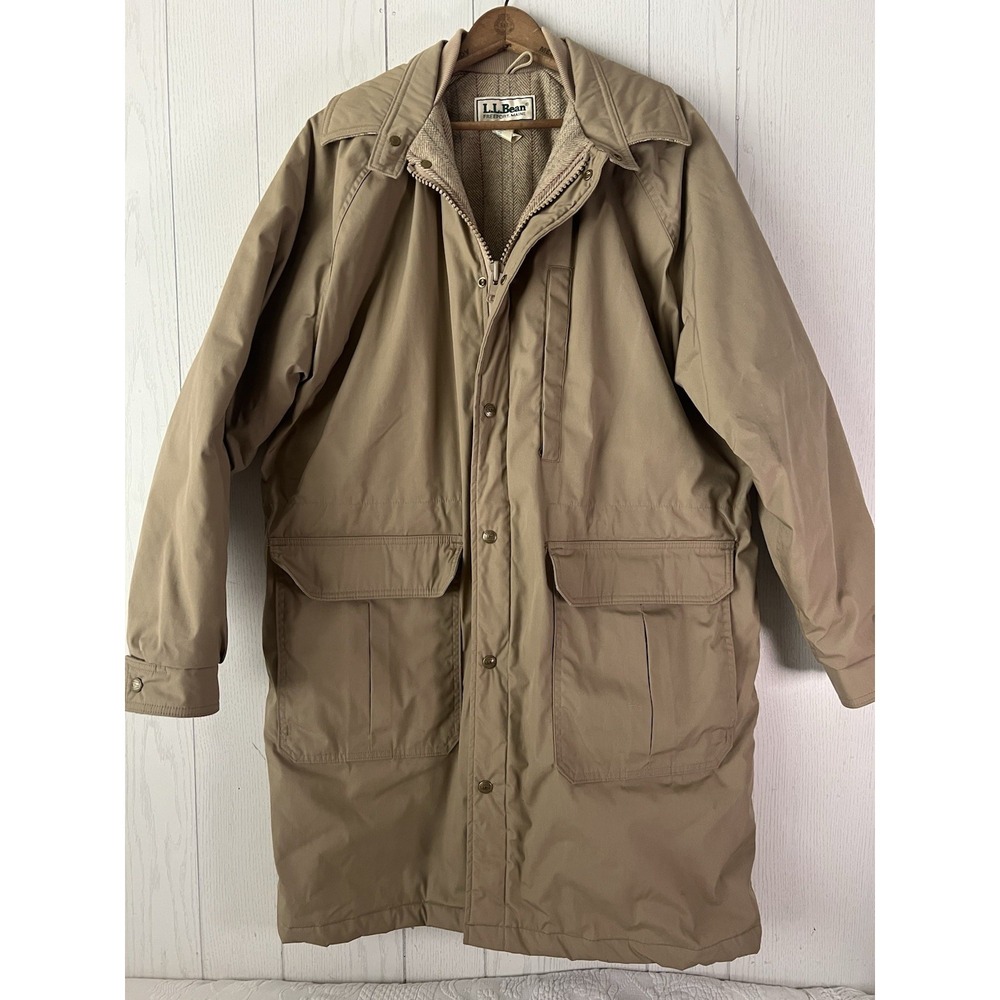 Vintage LL Bean Coat Mens LG Beige Stadium Parka Wool Lined Chore Overcoat USA